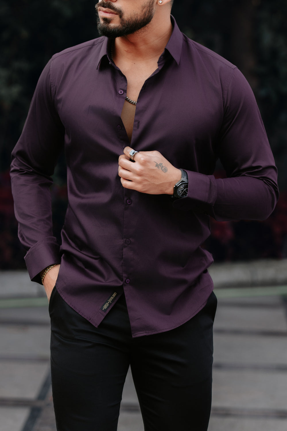 CLASSIC wine-COTTON SATIN SHIRT