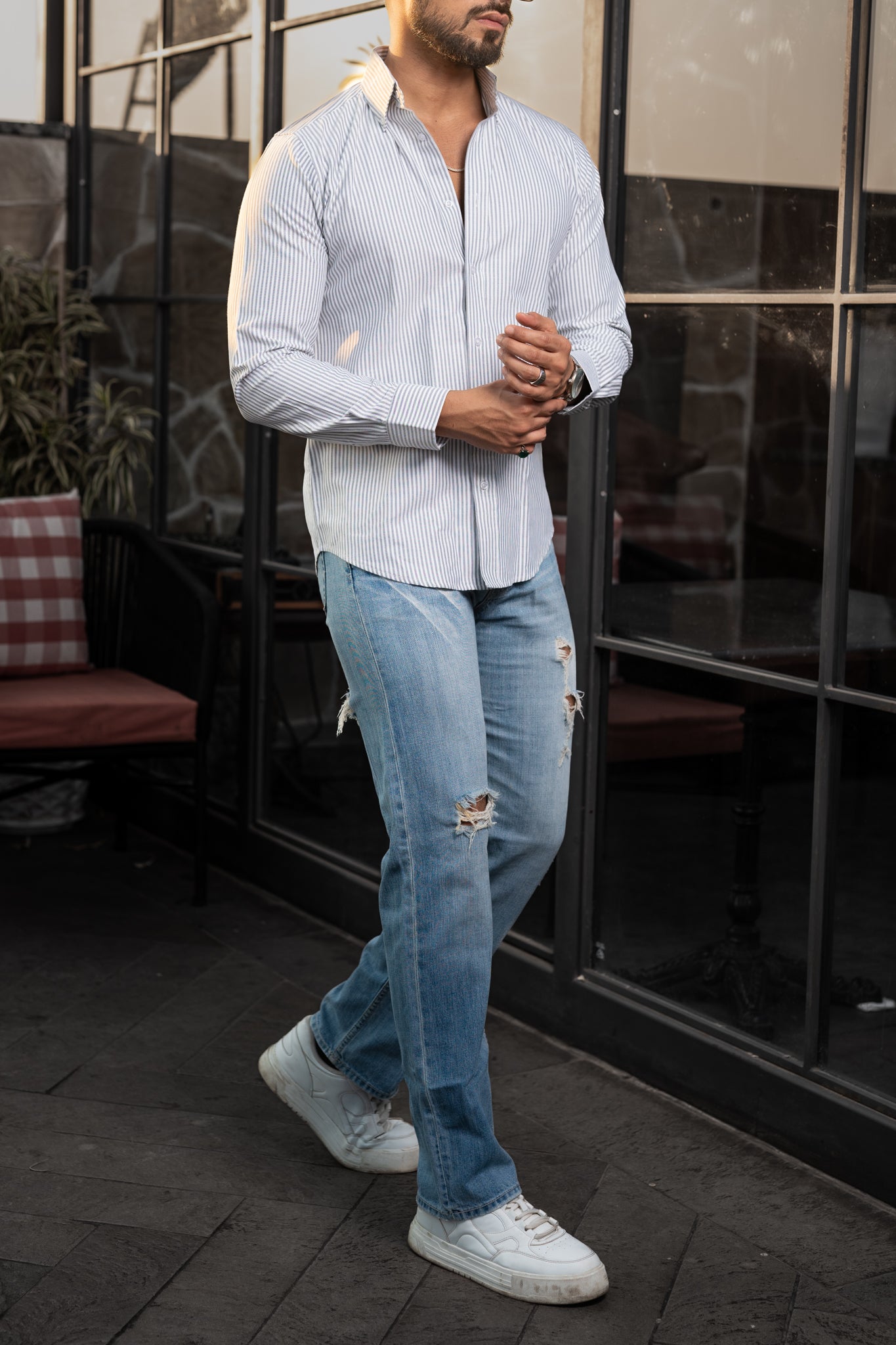 Grey Striped - Button Down Oxford Shirt