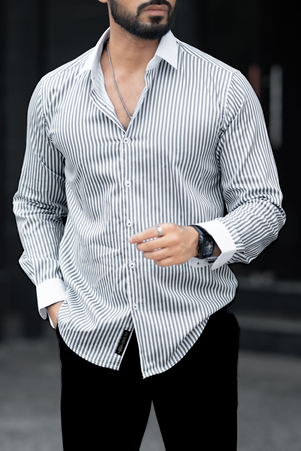 Sleek Grey Designer Striped Shirt