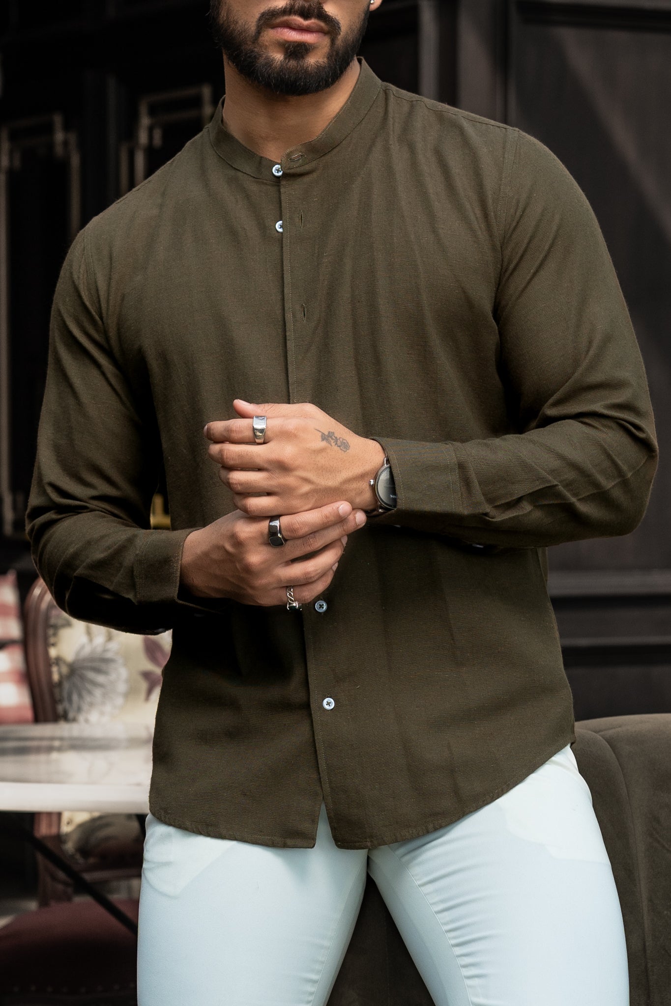 Olive Mandarin Collar Shirt