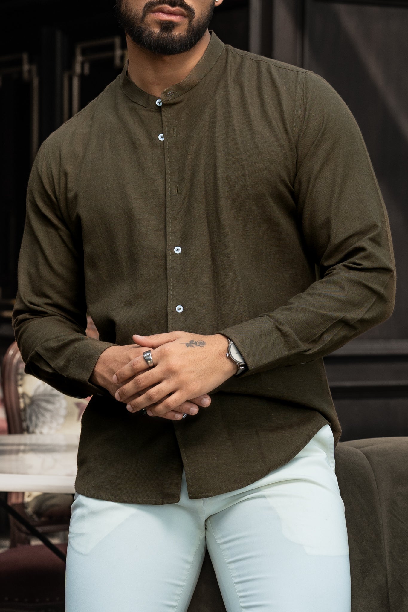 Olive Mandarin Collar Shirt