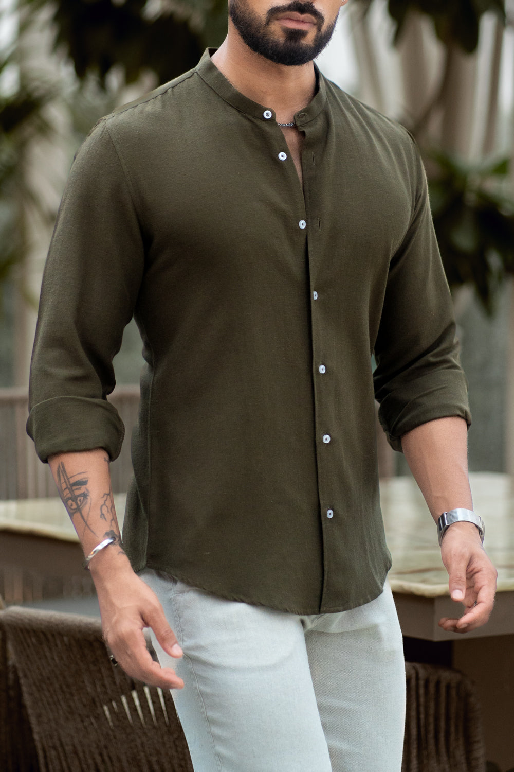 Olive Mandarin Collar Shirt