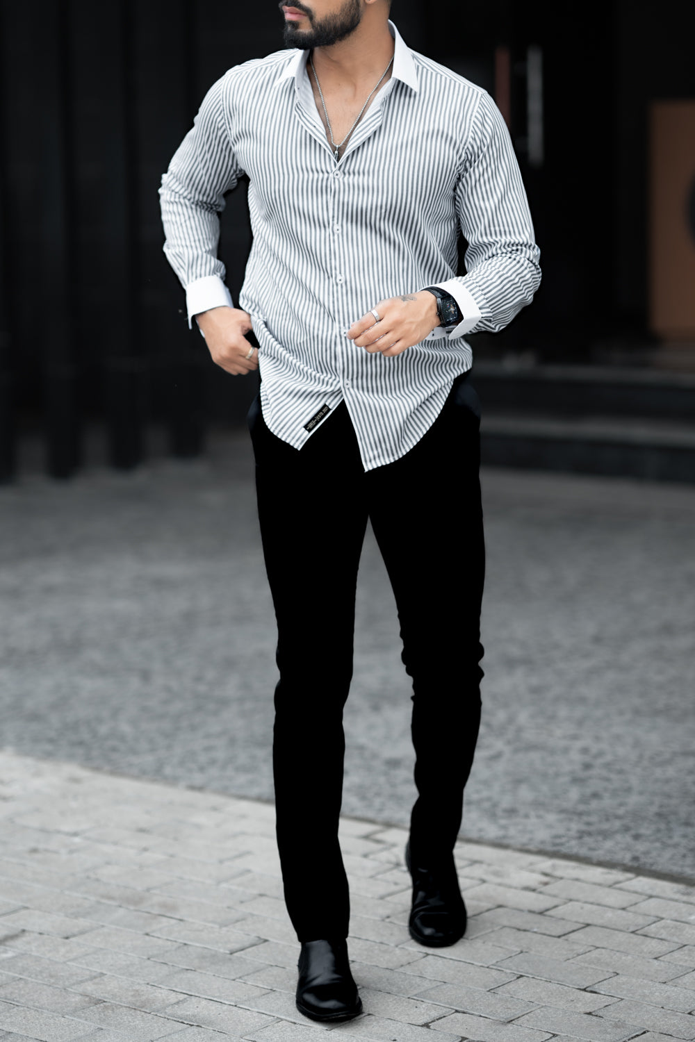 Sleek Grey Designer Striped Shirt