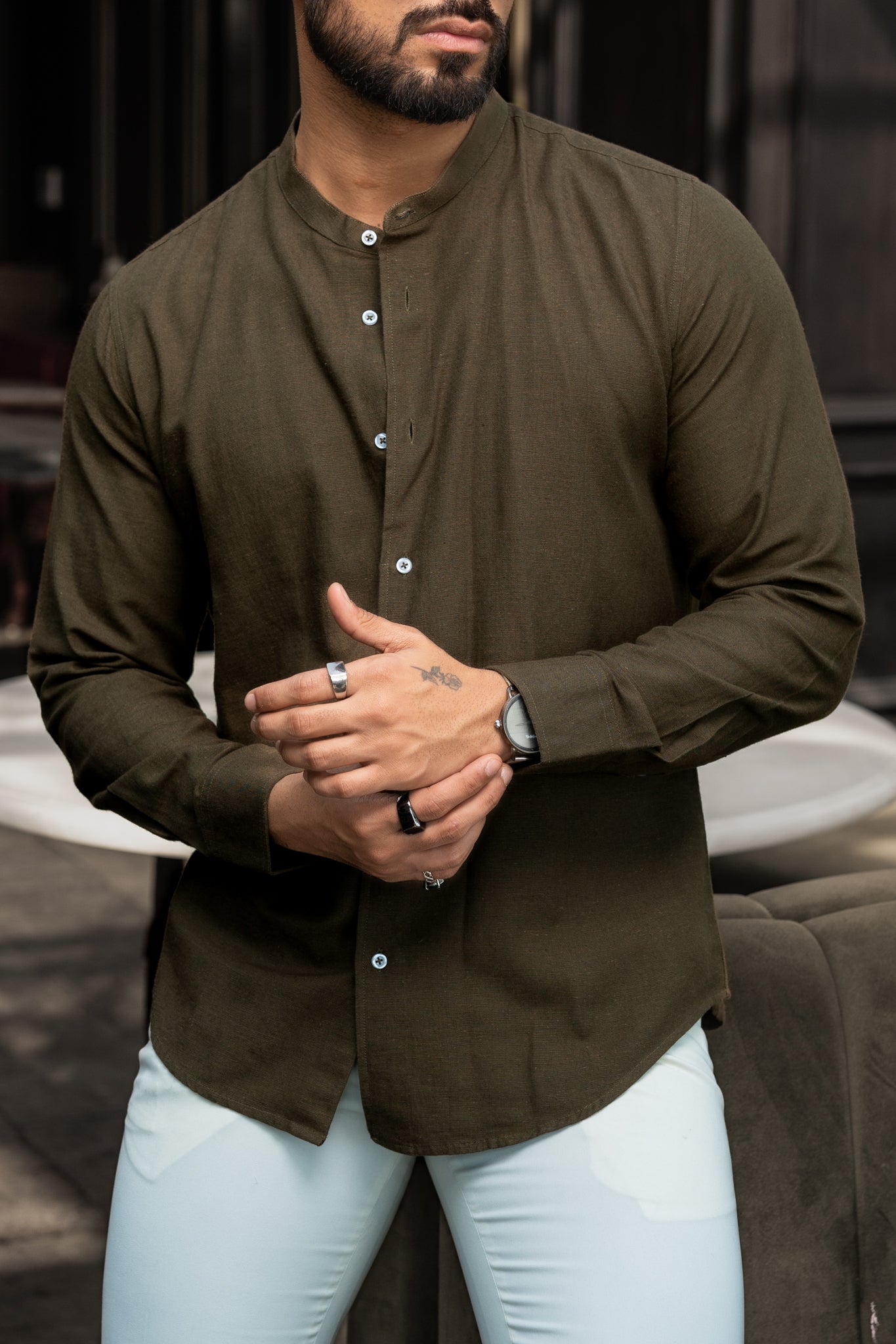 Olive Mandarin Collar Shirt