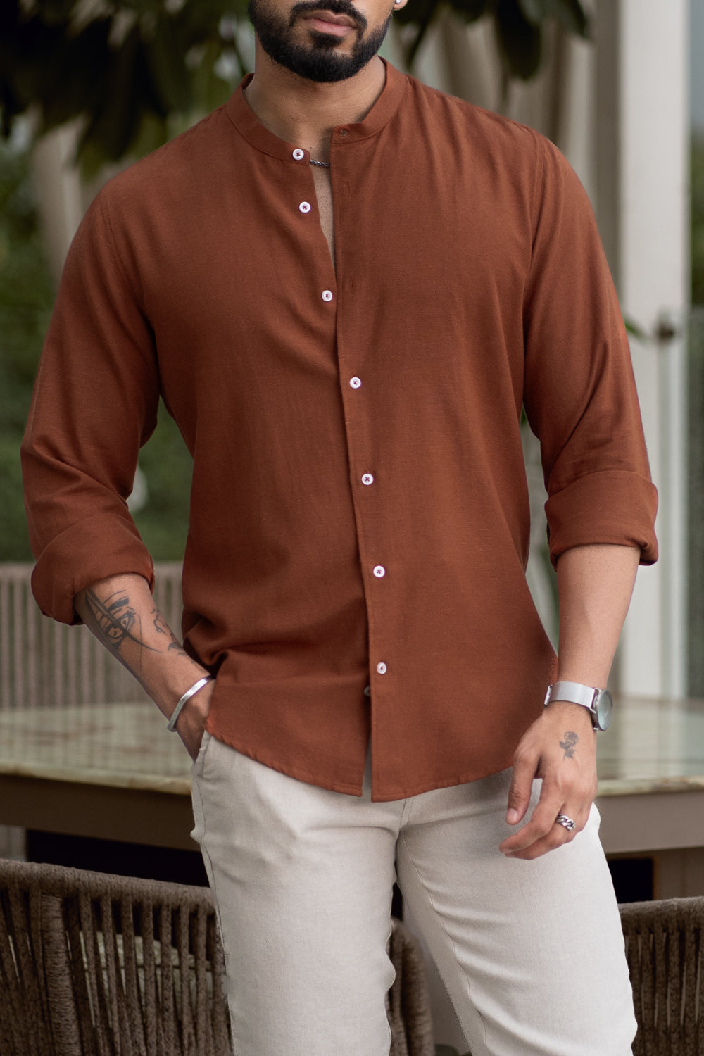 Caramel Mandarin Collar Shirt