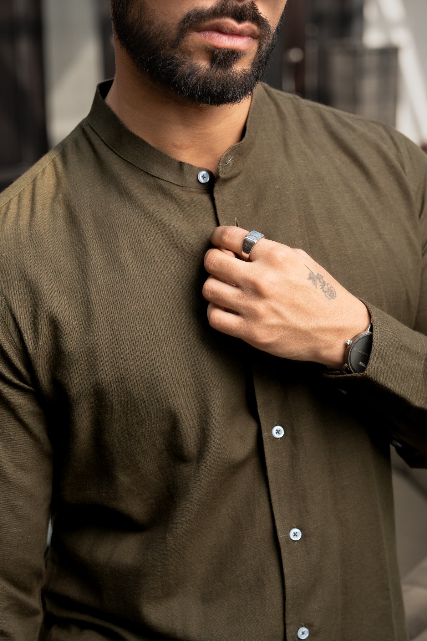 Olive Mandarin Collar Shirt