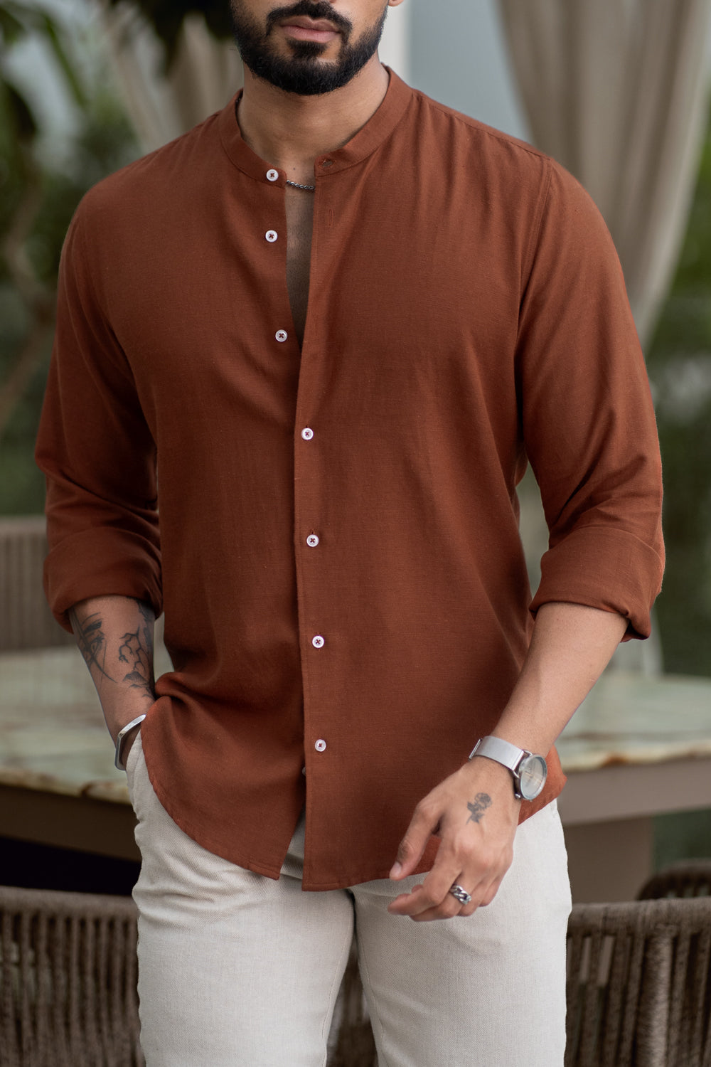 Caramel Mandarin Collar Shirt