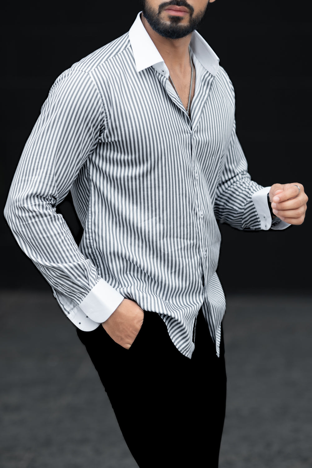 Sleek Grey Designer Striped Shirt