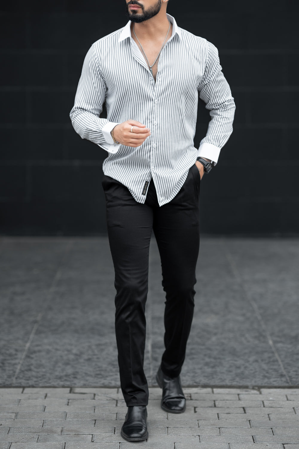 Sleek Grey Designer Striped Shirt